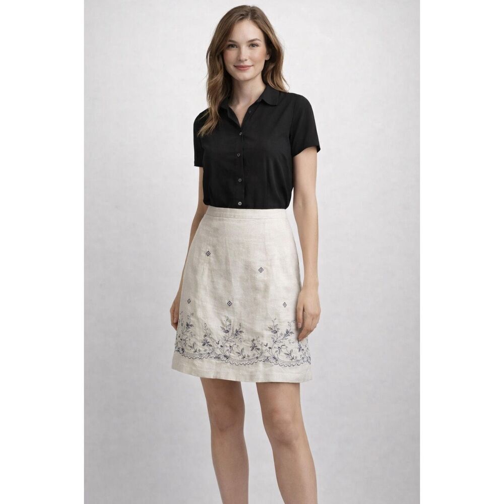 Ann Taylor Linen Embroidered Skirt Cream Floral A-Line Size 4